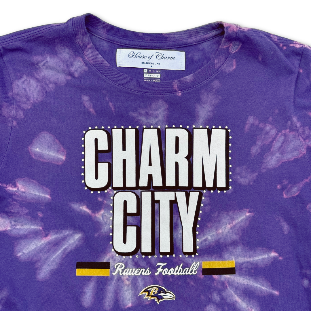 Baltimore Ravens ‘Charm City’ Rhinestone Bleach Tie Dye Short Sleeve T Shirt