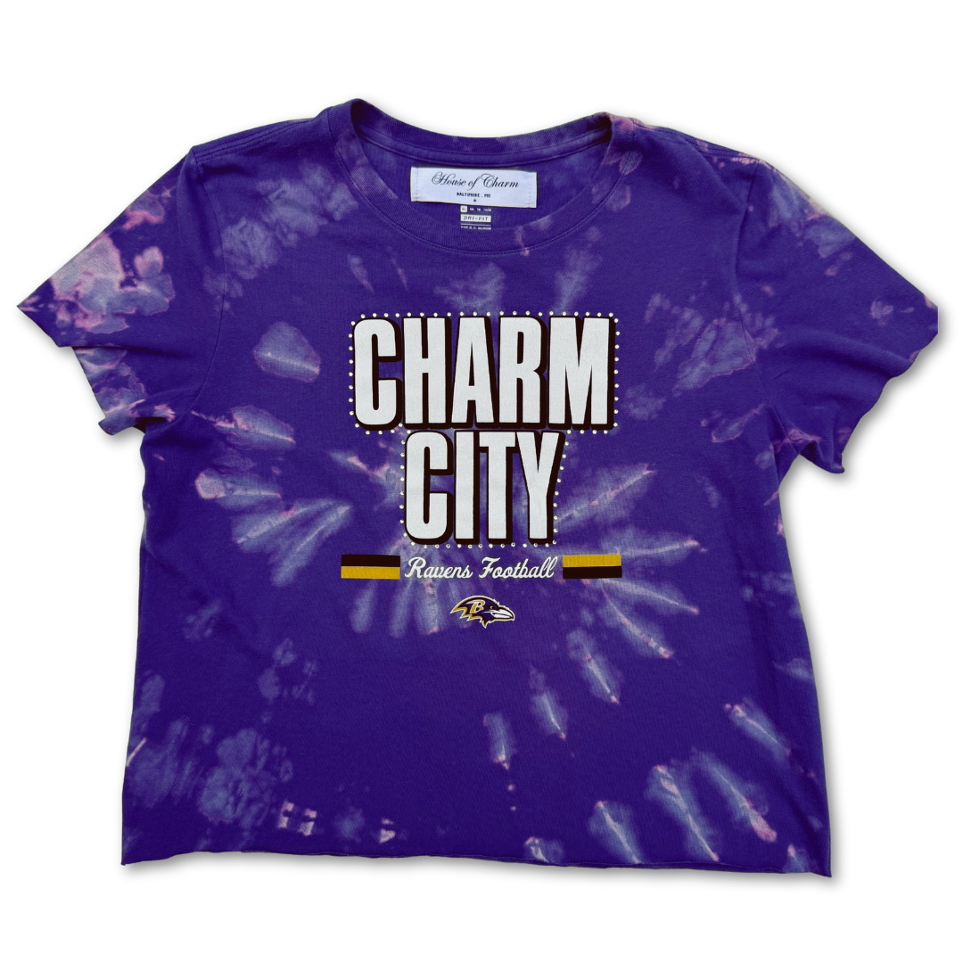 Baltimore Ravens ‘Charm City’ Rhinestone Bleach Tie Dye Short Sleeve T Shirt