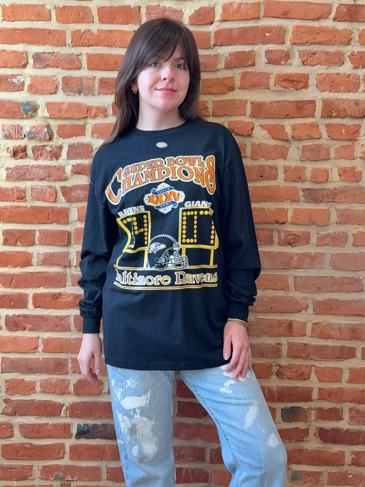 Baltimore Ravens Vintage 2001 Super Bowl XXXV Rhinestone Long Sleeve T Shirt