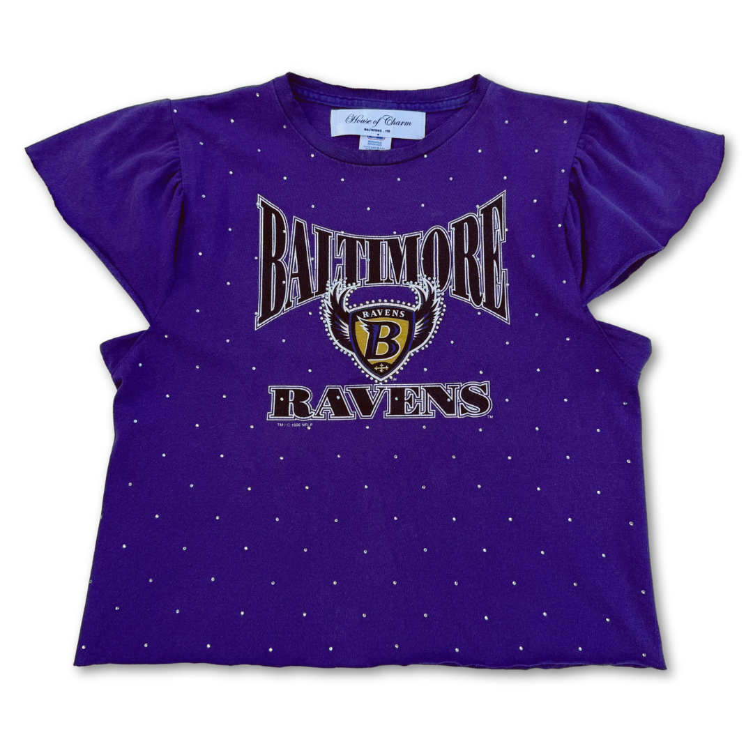 Baltimore Ravens Vintage 1996 Rhinestone Flutter Sleeve T Shirt