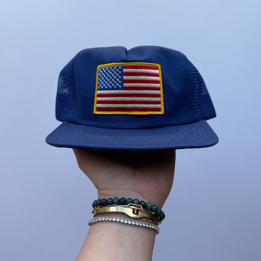 Vintage American Flag Patch Blue Trucker Hat